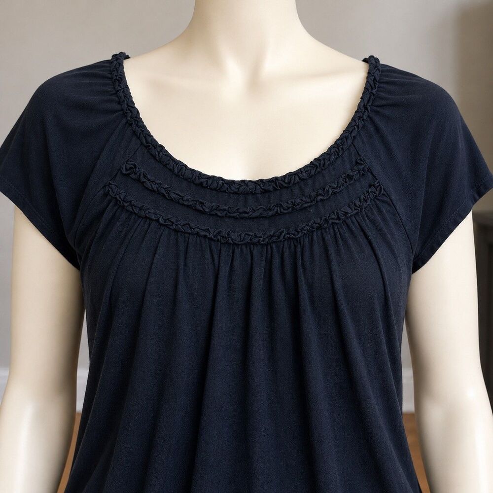Ann Taylor LOFT Womens L Black Ruffle Neck Blouse Cap Sleeve Boho Peasant Top